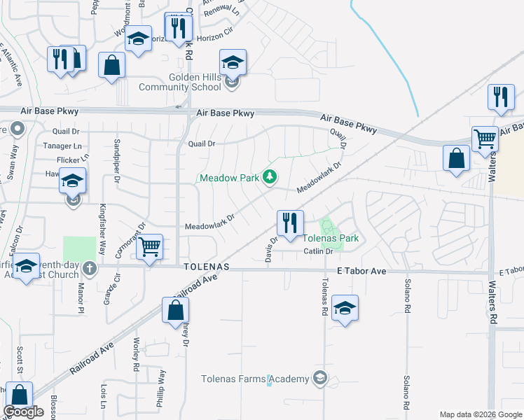 map of restaurants, bars, coffee shops, grocery stores, and more near 2096 Wylie Court in Fairfield