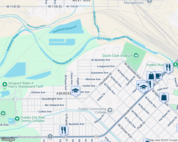 map of restaurants, bars, coffee shops, grocery stores, and more near 205 Dunsmere Avenue in Pueblo