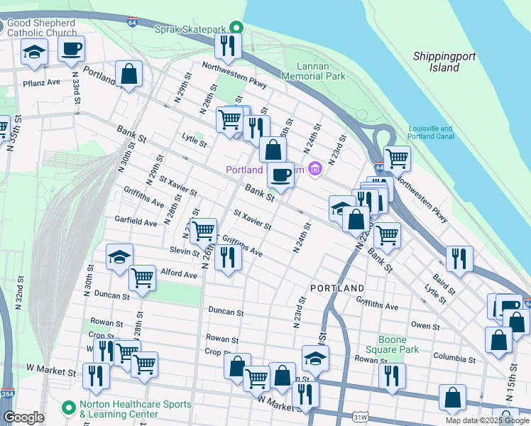 map of restaurants, bars, coffee shops, grocery stores, and more near 2509 Gilligan Street in Louisville
