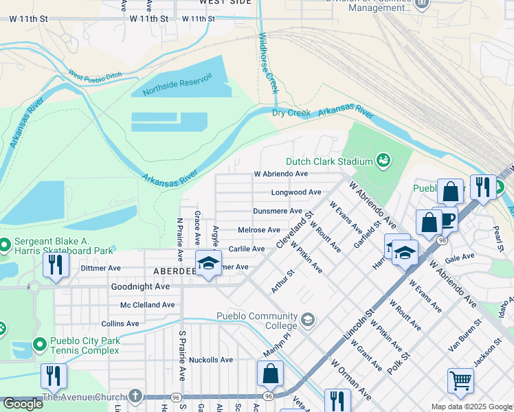 map of restaurants, bars, coffee shops, grocery stores, and more near 205 Dunsmere Avenue in Pueblo