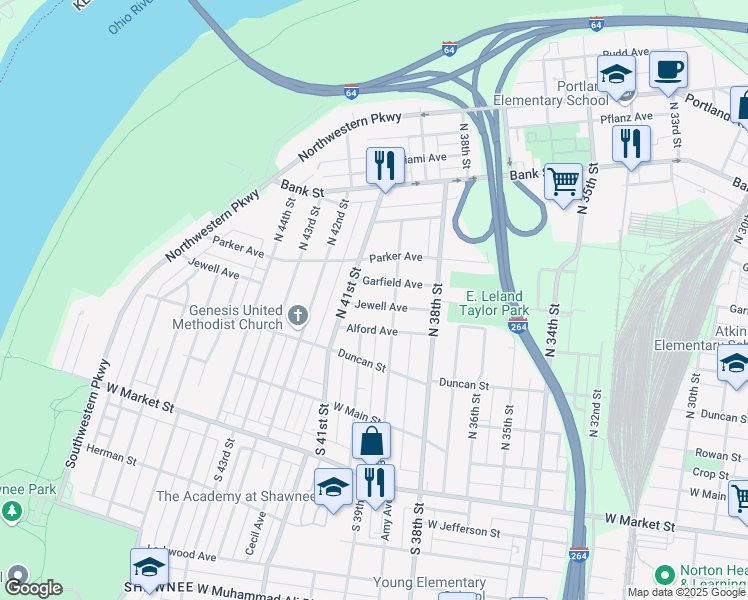 map of restaurants, bars, coffee shops, grocery stores, and more near 3911 Jewell Avenue in Louisville