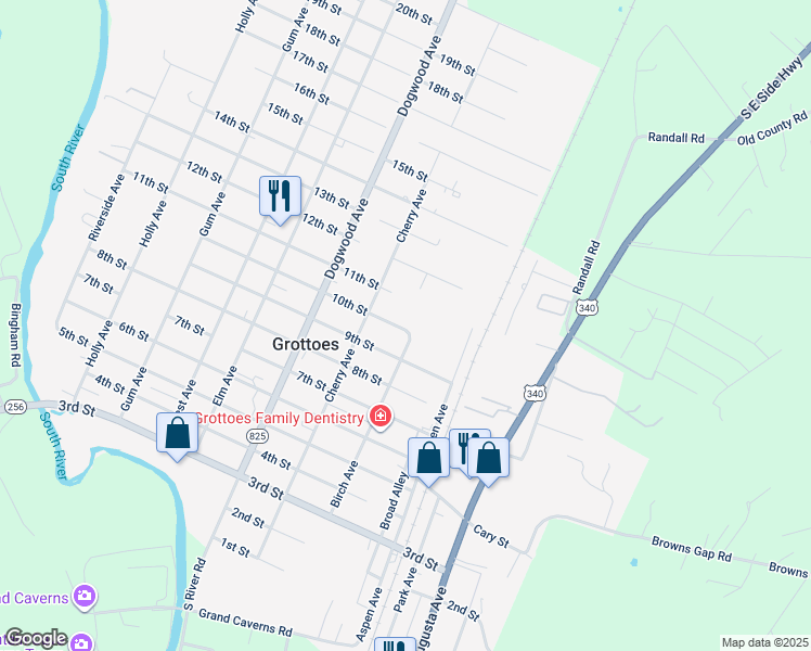 map of restaurants, bars, coffee shops, grocery stores, and more near 200 10th Street in Grottoes