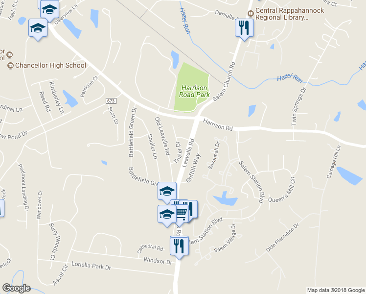map of restaurants, bars, coffee shops, grocery stores, and more near 11213 Trisler Drive in Fredericksburg