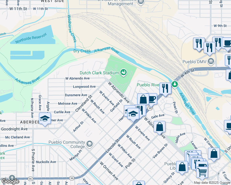 map of restaurants, bars, coffee shops, grocery stores, and more near 924 West Abriendo Avenue in Pueblo