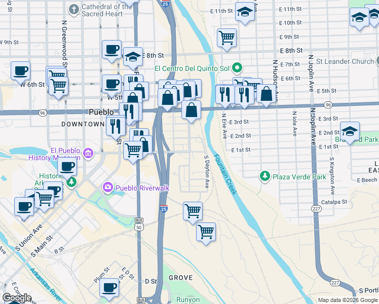 map of restaurants, bars, coffee shops, grocery stores, and more near 401 East 1st Street in Pueblo