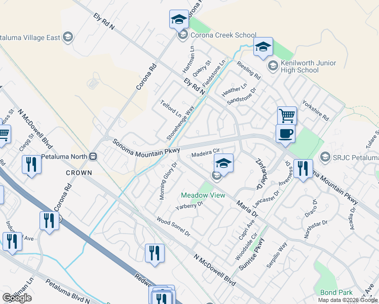 map of restaurants, bars, coffee shops, grocery stores, and more near 1669 Madeira Circle in Petaluma
