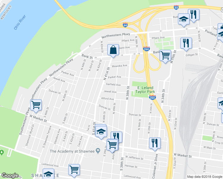 map of restaurants, bars, coffee shops, grocery stores, and more near 3907 Jewell Avenue in Louisville