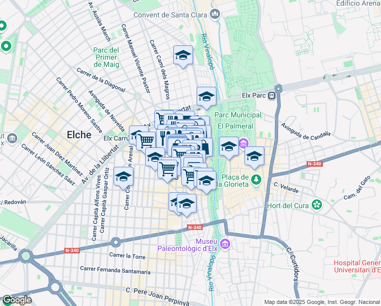 map of restaurants, bars, coffee shops, grocery stores, and more near 22 Carrer Vicente Blasco Ibáñez in Elx