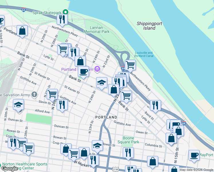 map of restaurants, bars, coffee shops, grocery stores, and more near 2142 Lytle Street in Louisville