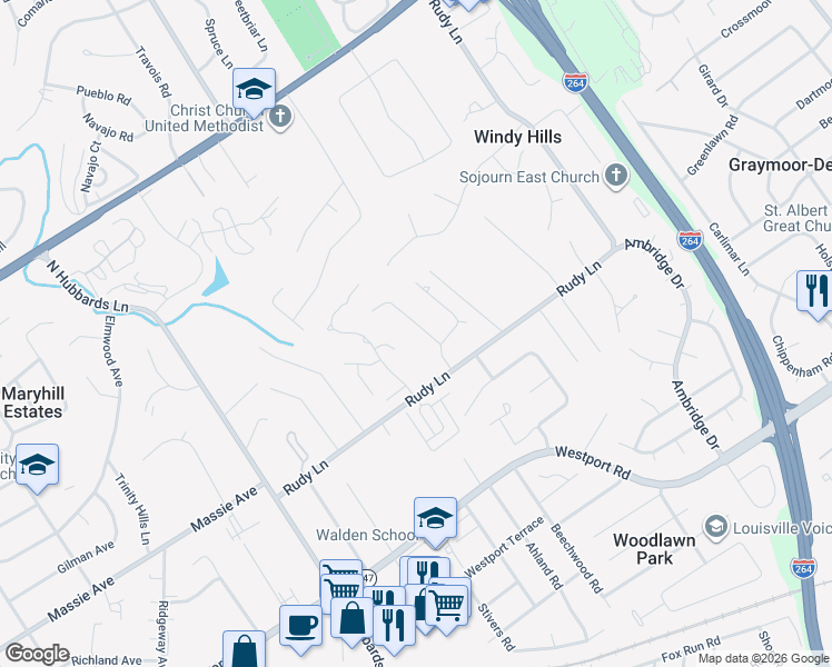 map of restaurants, bars, coffee shops, grocery stores, and more near 504 Brookview Road in Louisville