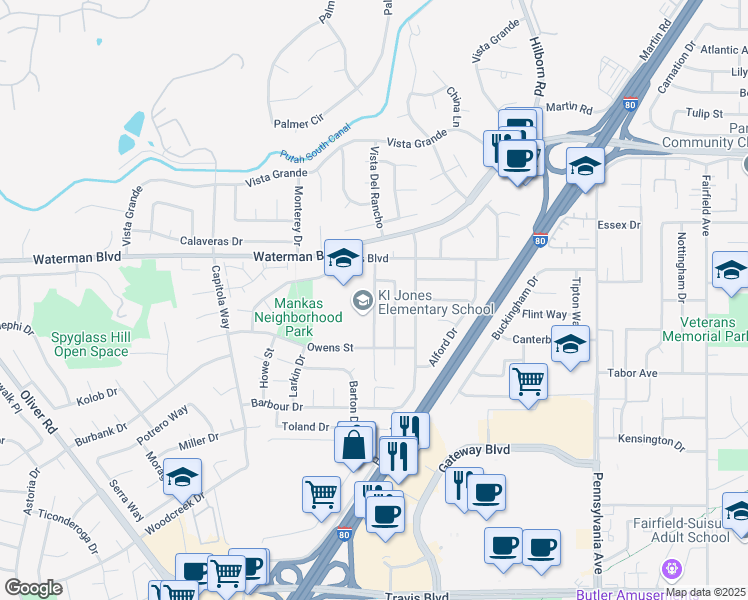 map of restaurants, bars, coffee shops, grocery stores, and more near 2001 Winston Drive in Fairfield