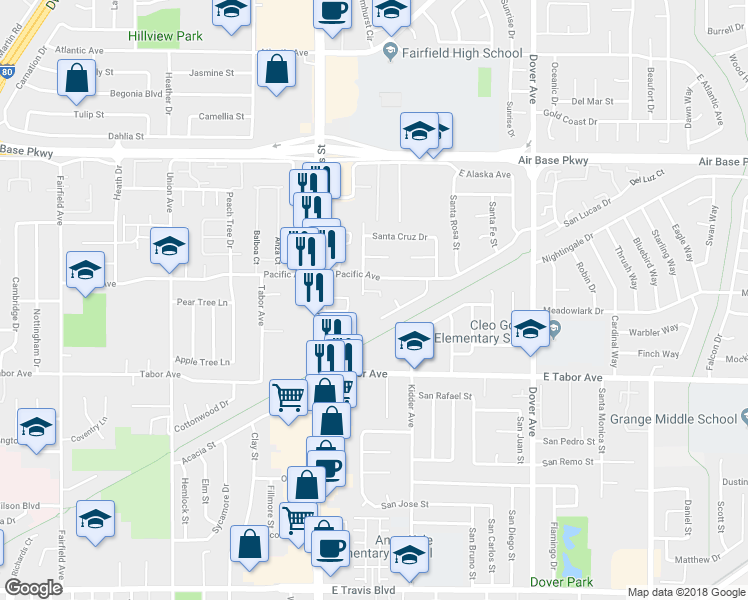 map of restaurants, bars, coffee shops, grocery stores, and more near 2101 Santa Ana Drive in Fairfield