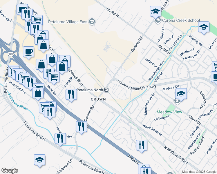 map of restaurants, bars, coffee shops, grocery stores, and more near 360 Corona Road in Petaluma