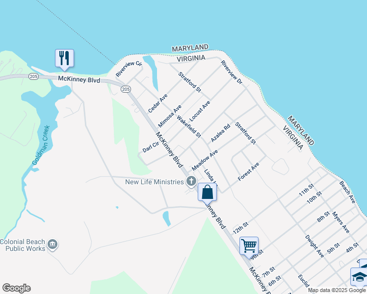 map of restaurants, bars, coffee shops, grocery stores, and more near 333 Santa Maria Avenue in Colonial Beach