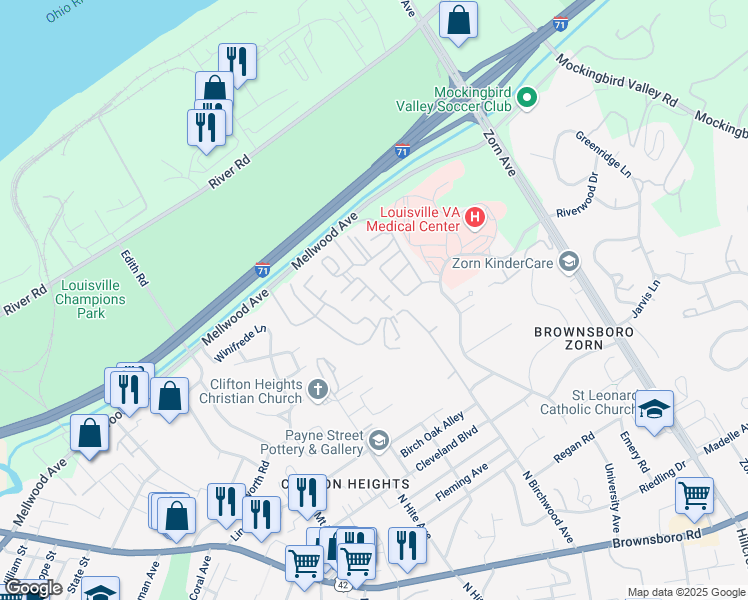 map of restaurants, bars, coffee shops, grocery stores, and more near 514 Highwood Drive in Louisville
