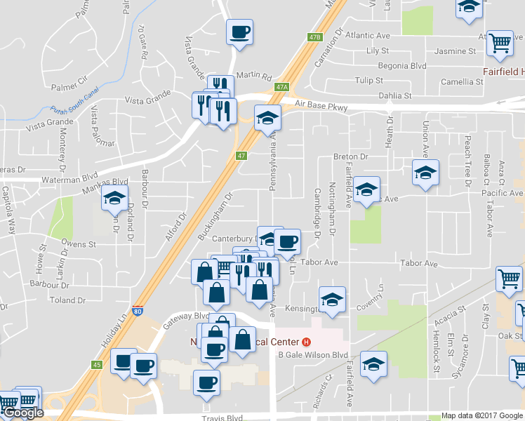 map of restaurants, bars, coffee shops, grocery stores, and more near 2118 Tipton Way in Fairfield