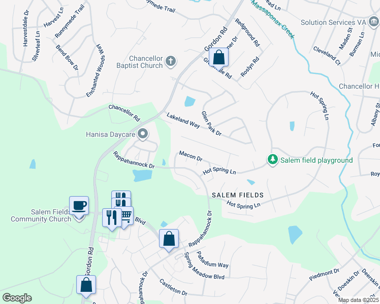 map of restaurants, bars, coffee shops, grocery stores, and more near 11311 Macon Drive in Fredericksburg