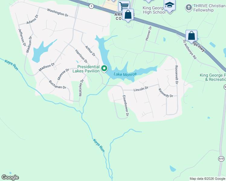 map of restaurants, bars, coffee shops, grocery stores, and more near 10670 Eisenhower Drive in King George