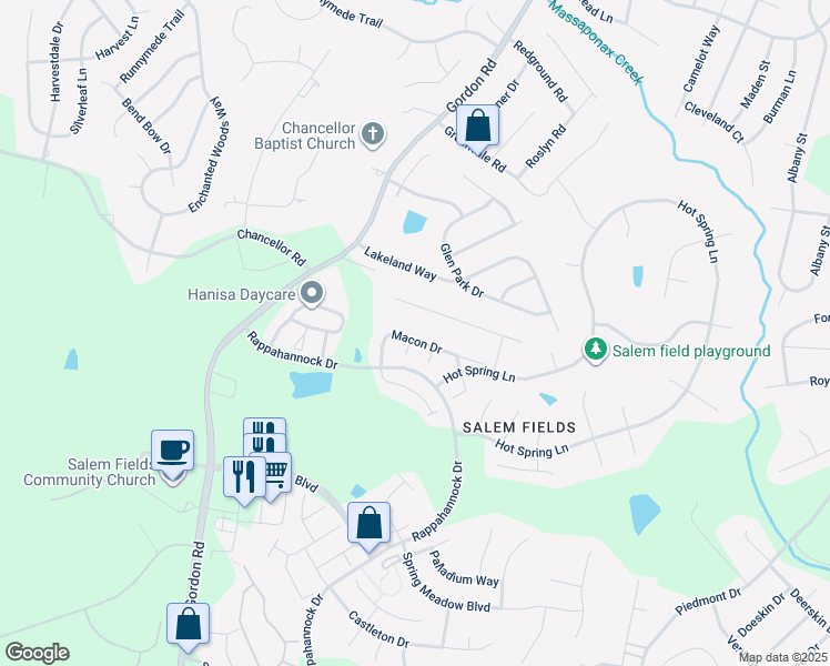 map of restaurants, bars, coffee shops, grocery stores, and more near 11311 Macon Drive in Fredericksburg