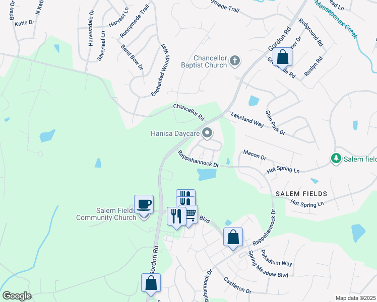 map of restaurants, bars, coffee shops, grocery stores, and more near 7319 Wytheville Circle in Fredericksburg