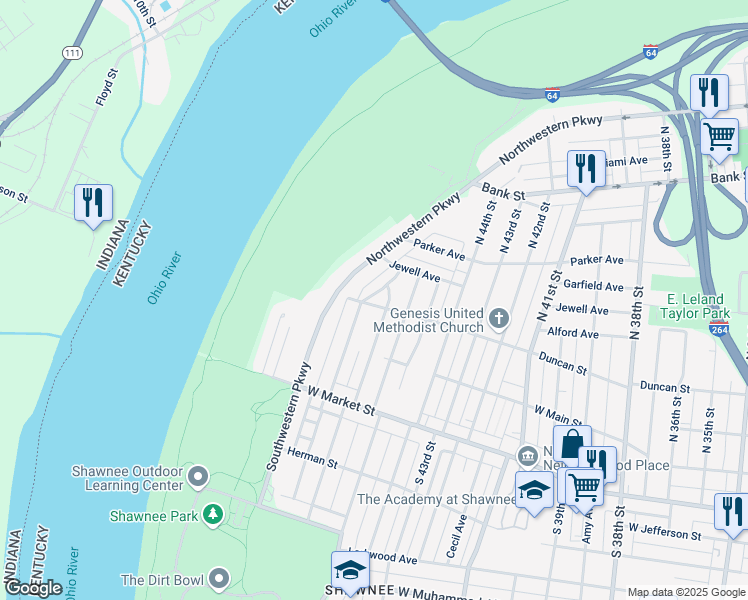 map of restaurants, bars, coffee shops, grocery stores, and more near 205 North Longworth Avenue in Louisville