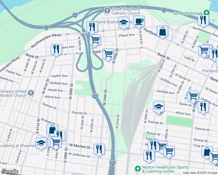 map of restaurants, bars, coffee shops, grocery stores, and more near 511 N 34th St in Louisville