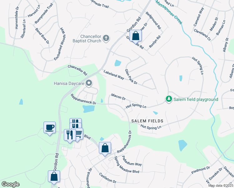 map of restaurants, bars, coffee shops, grocery stores, and more near 11313 Macon Drive in Fredericksburg