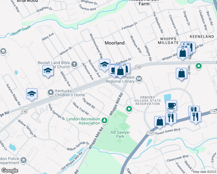map of restaurants, bars, coffee shops, grocery stores, and more near 1317 Whirlaway Drive in Louisville