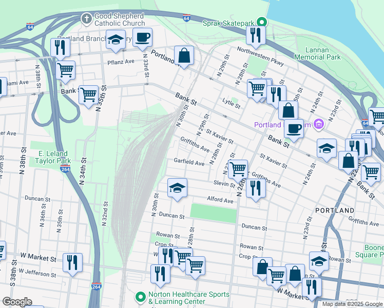 map of restaurants, bars, coffee shops, grocery stores, and more near 417 North 29th Street in Louisville