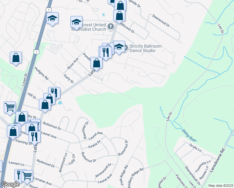 map of restaurants, bars, coffee shops, grocery stores, and more near 4250 Normandy Court in Fredericksburg
