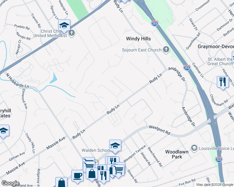 map of restaurants, bars, coffee shops, grocery stores, and more near 504 Brookview Road in Louisville