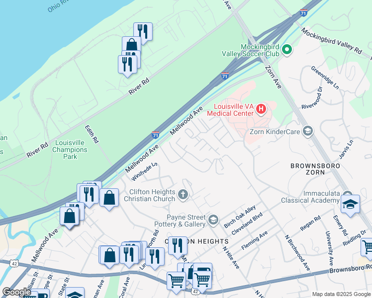 map of restaurants, bars, coffee shops, grocery stores, and more near 2400 Mellwood Avenue in Louisville