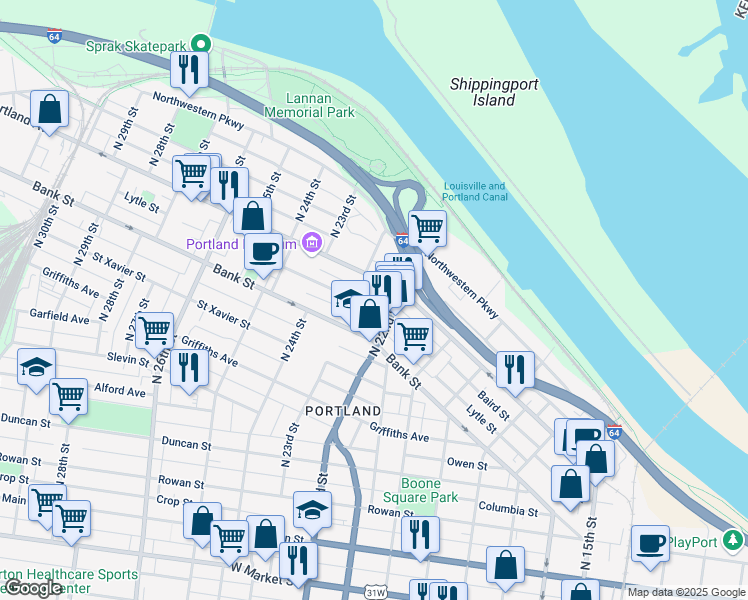 map of restaurants, bars, coffee shops, grocery stores, and more near 2111 Lytle Street in Louisville