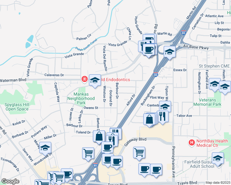 map of restaurants, bars, coffee shops, grocery stores, and more near 2033 Barbour Drive in Fairfield
