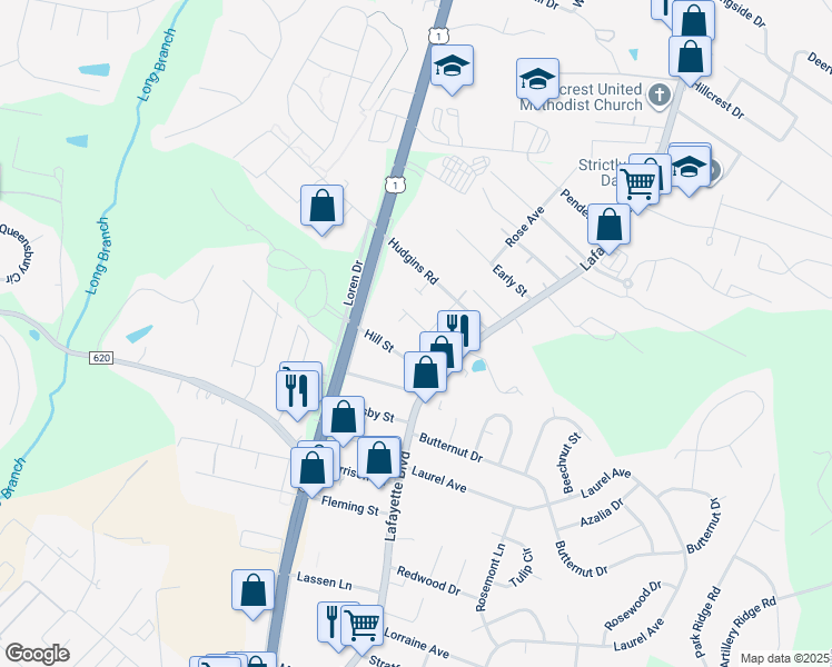 map of restaurants, bars, coffee shops, grocery stores, and more near 202 Alexandria Street in Fredericksburg