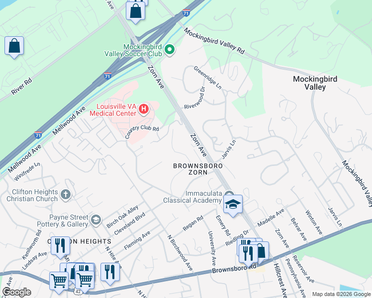 map of restaurants, bars, coffee shops, grocery stores, and more near 726 Zorn Avenue in Louisville
