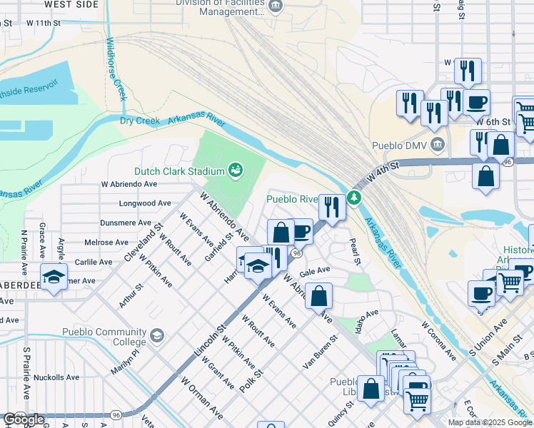 map of restaurants, bars, coffee shops, grocery stores, and more near 21 Carlile Place in Pueblo
