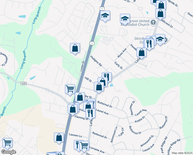 map of restaurants, bars, coffee shops, grocery stores, and more near 202 Alexandria Street in Fredericksburg