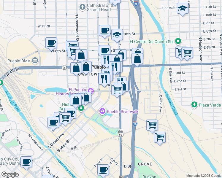 map of restaurants, bars, coffee shops, grocery stores, and more near 121 East 1st Street in Pueblo