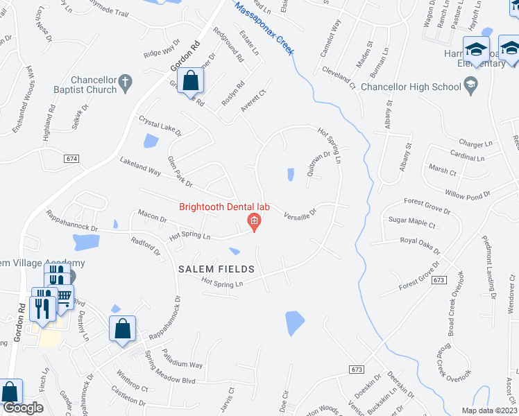 map of restaurants, bars, coffee shops, grocery stores, and more near 6042 Hot Spring Lane in Fredericksburg