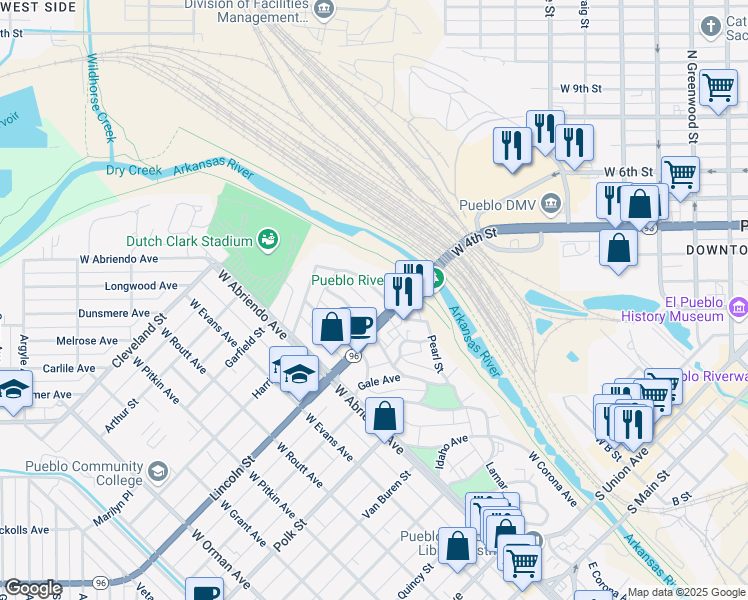 map of restaurants, bars, coffee shops, grocery stores, and more near 707 Elmhurst Place in Pueblo