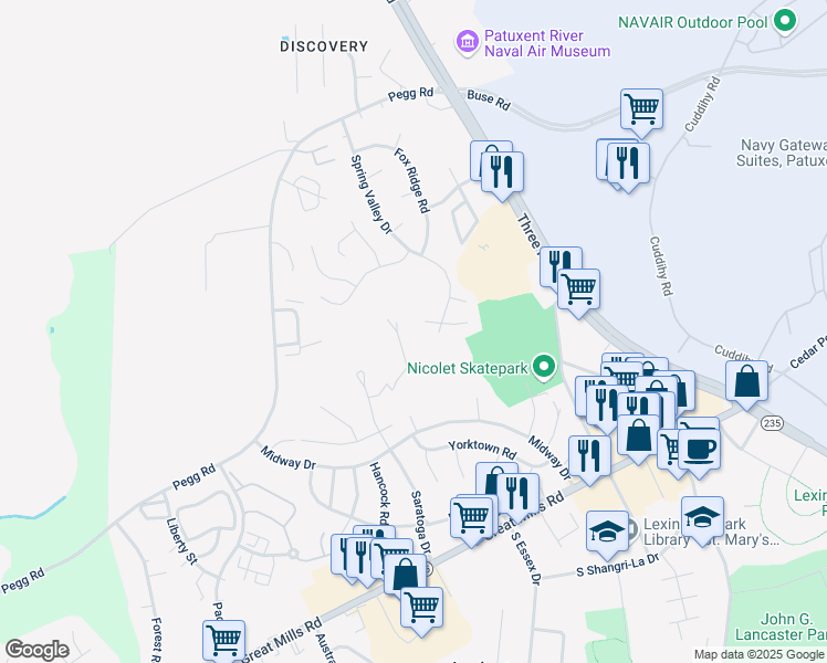 map of restaurants, bars, coffee shops, grocery stores, and more near 46533 Valley Court in Lexington Park