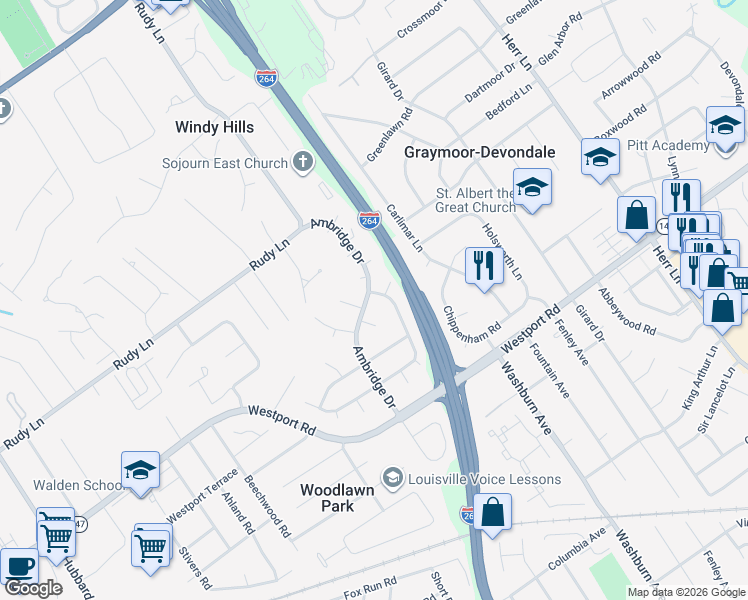 map of restaurants, bars, coffee shops, grocery stores, and more near 1107 Ambridge Drive in Louisville