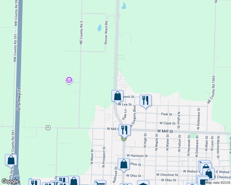 map of restaurants, bars, coffee shops, grocery stores, and more near 1303 N Orange St in Butler