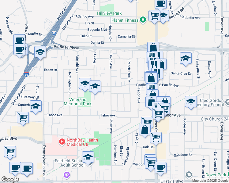 map of restaurants, bars, coffee shops, grocery stores, and more near 544 Pear Tree Lane in Fairfield