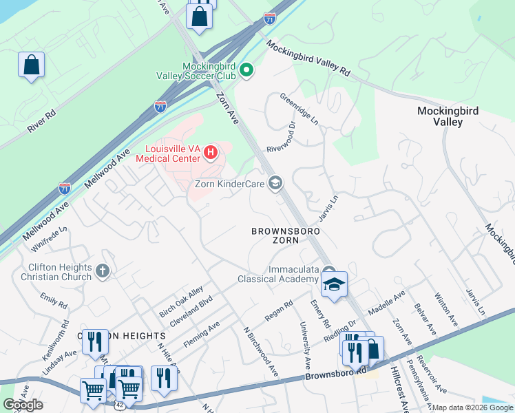 map of restaurants, bars, coffee shops, grocery stores, and more near 726 Zorn Avenue in Louisville