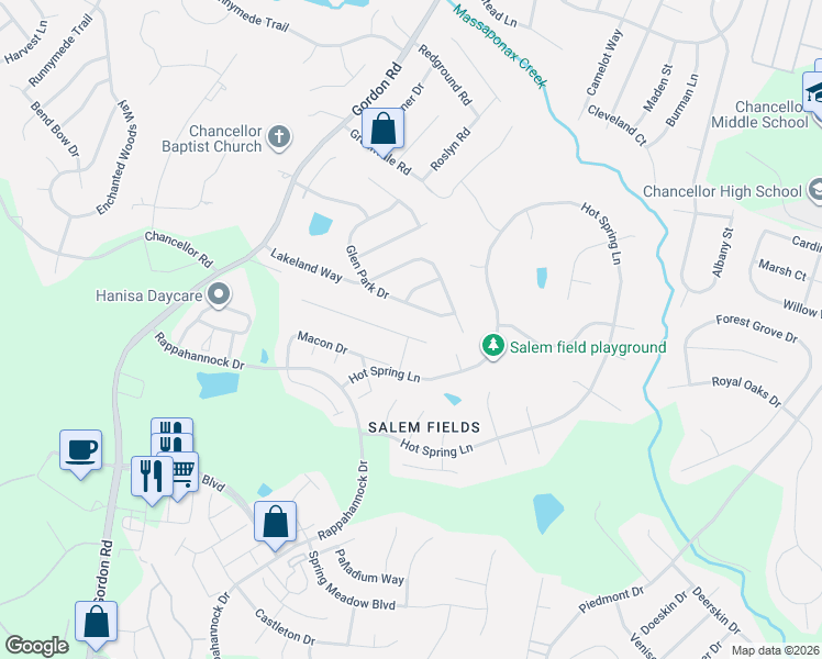 map of restaurants, bars, coffee shops, grocery stores, and more near 6907 Elon Drive in Fredericksburg