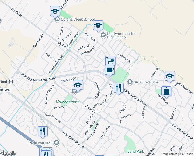 map of restaurants, bars, coffee shops, grocery stores, and more near 1706 Champagne Place in Petaluma