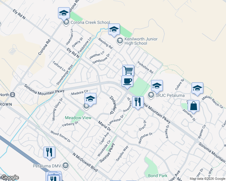 map of restaurants, bars, coffee shops, grocery stores, and more near 1706 Champagne Place in Petaluma