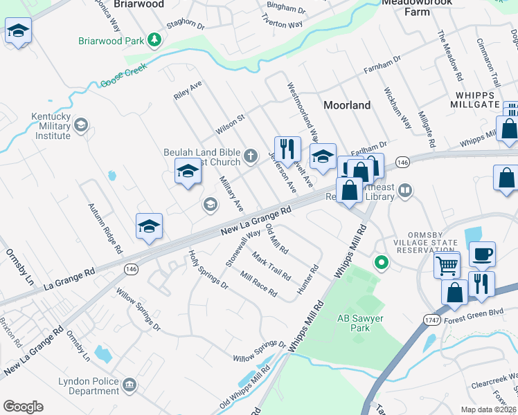 map of restaurants, bars, coffee shops, grocery stores, and more near 8915 La Grange Road in Louisville